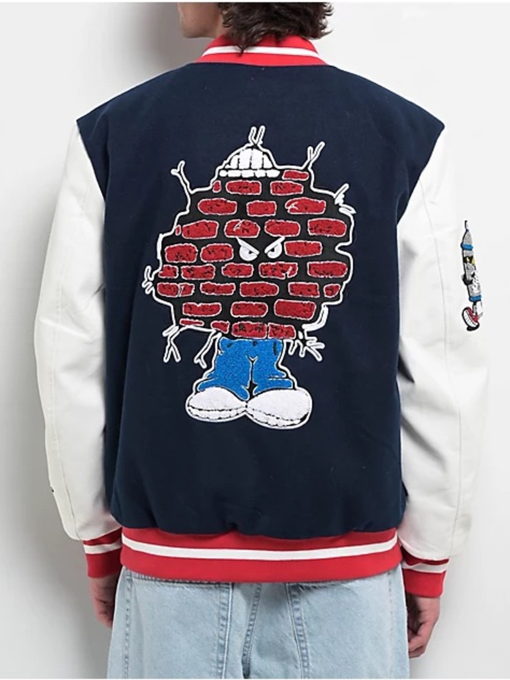 Empyre Varsity Bomber Jacket Blue White Brick Graffiti Streetwear XL Extra Large